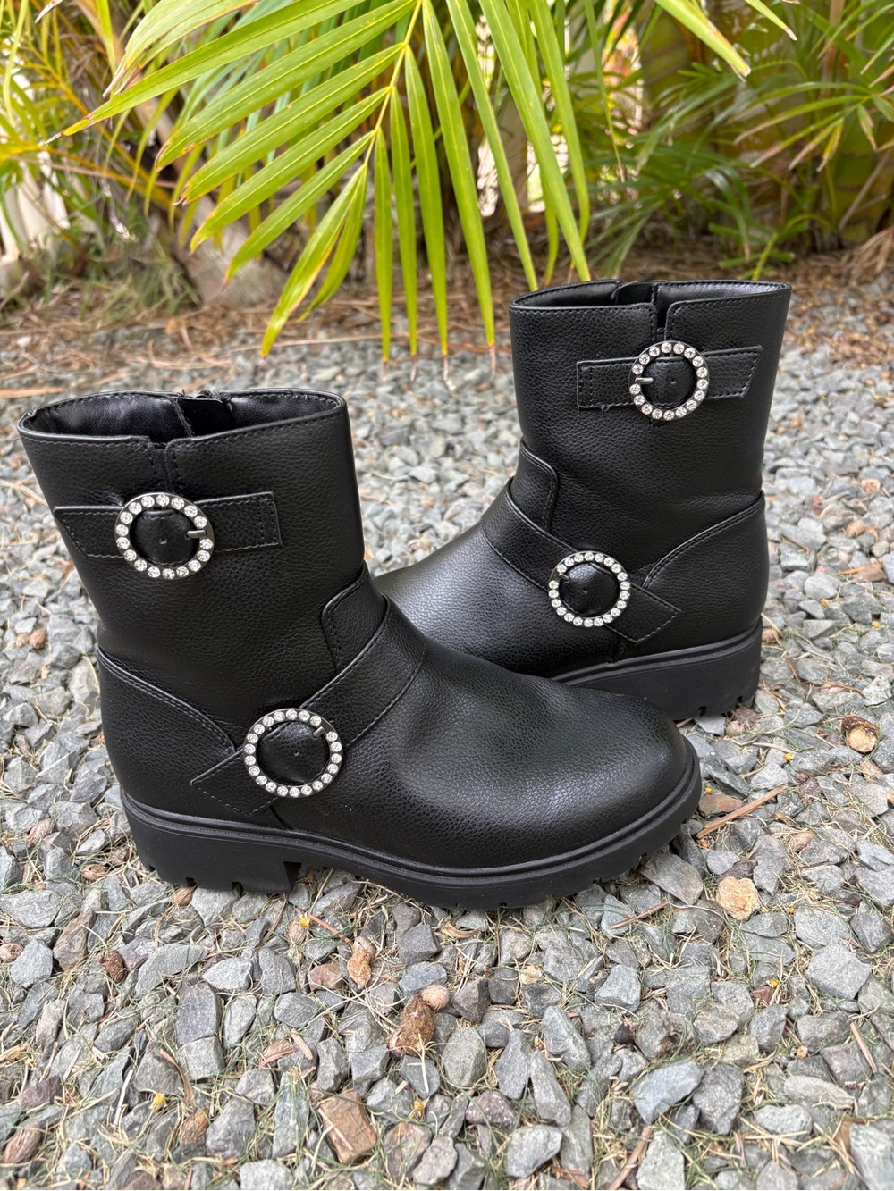 Black Rhinestone Buckle Mid-Calf Boots -Girls